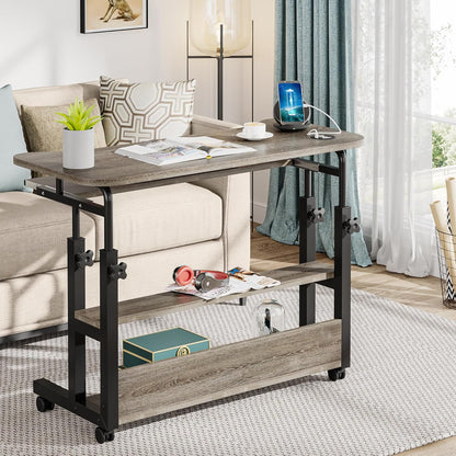 Portable Desk with Power Outlets, Height Adjustable Side Table Sofa Couch Bedside Laptop Computer Cart with USB Charging Ports, Mobile Small Standing Desk with Keyboard Tray