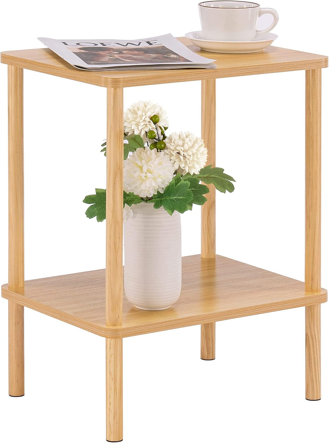 2 Tier End Table, Small Side Table with Solid Wood Legs, Boho Bedside Table with Storage Shelf, Nightstand for Small Spaces, Bedroom, Living Room, Entryway, Farmhouse, Easy Assembly, Natural