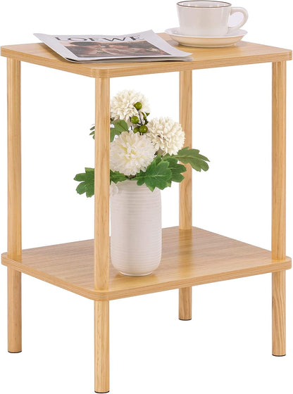 2 Tier End Table, Small Side Table with Solid Wood Legs, Boho Bedside Table with Storage Shelf, Nightstand for Small Spaces, Bedroom, Living Room, Entryway, Farmhouse, Easy Assembly, Natural