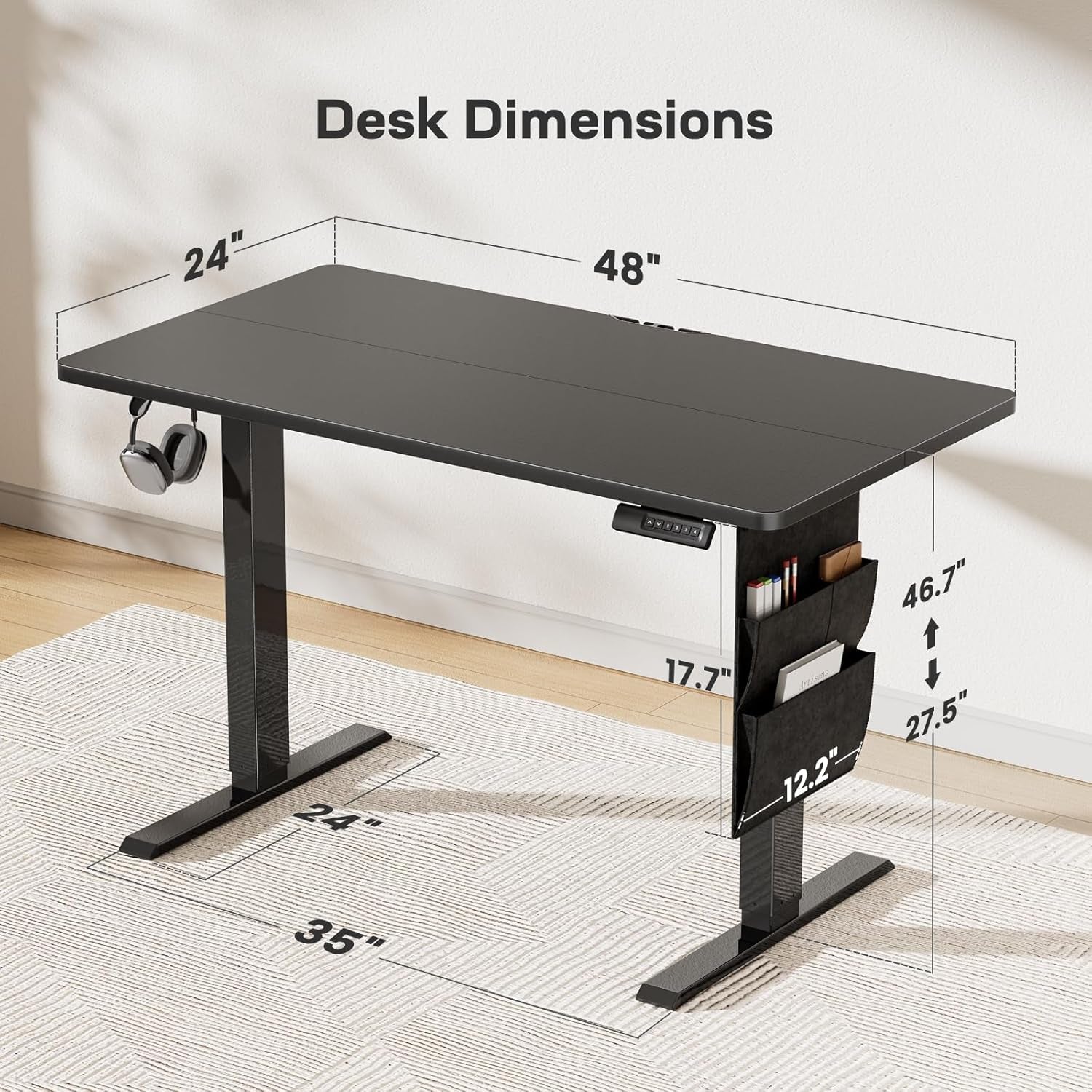 48X24 Electric Standing Desk - Adjustable Height Computer Desk with Memory Presets, Storage Bag & Cable Management for Home Office & Gaming Workstations