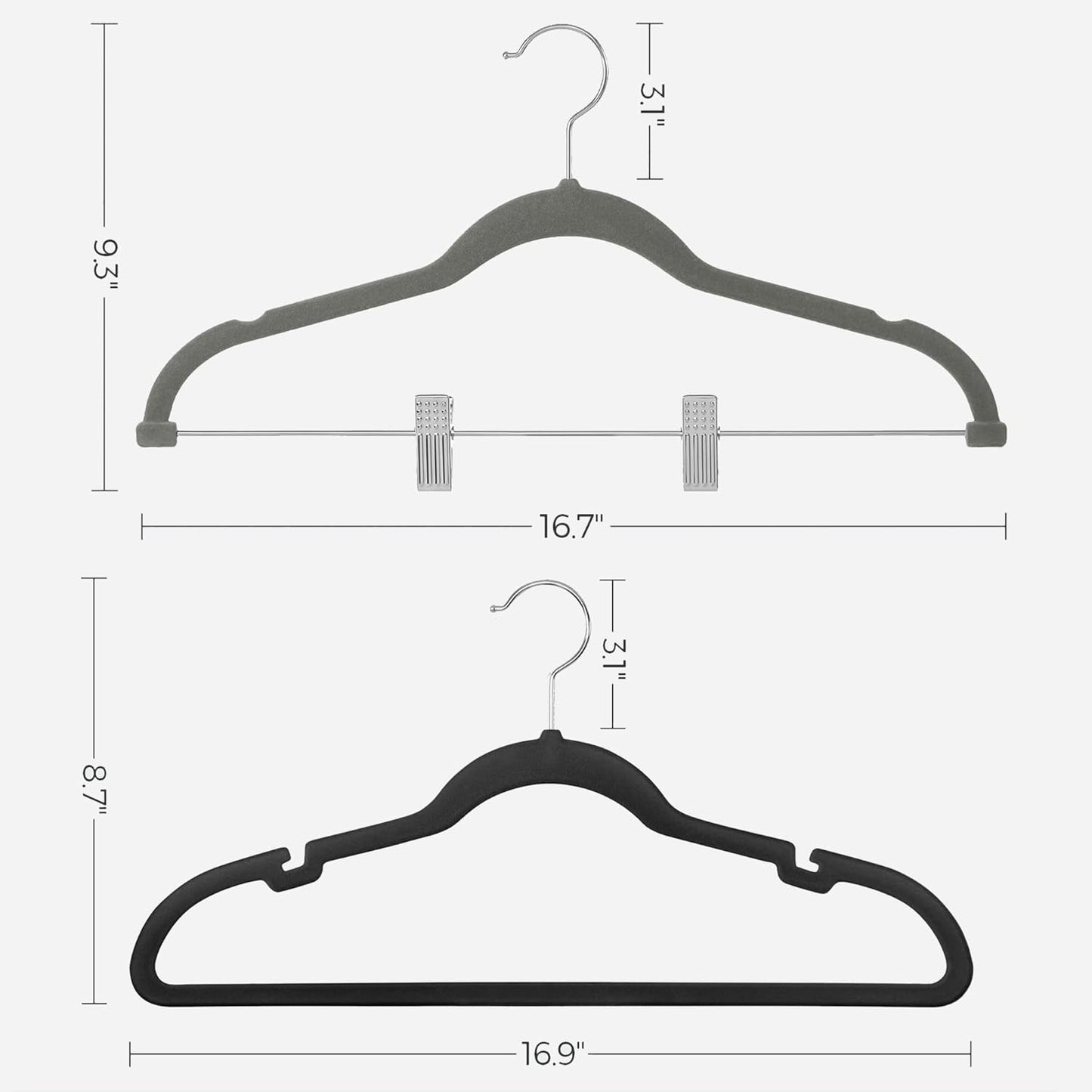 Coat Hangers and Pants Hangers Bundle, Set of 50 Velvet Hangers, Set of 30 Velvet Hangers with Adjustable Clips, Black and Gary UCRF029B05 and UCRF12V30