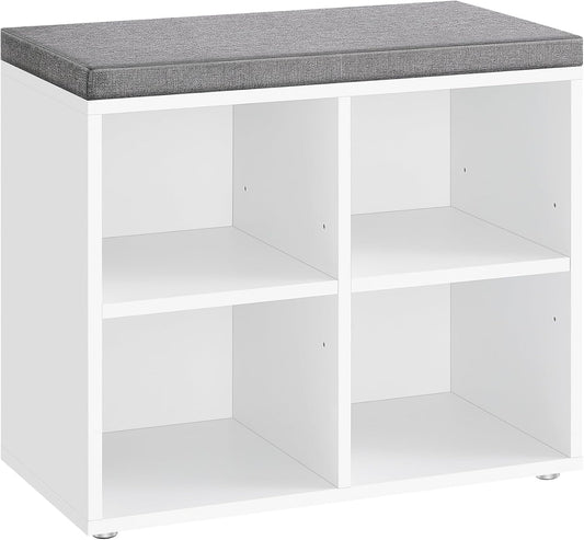 Shoe Bench with Cushion, Shoe Storage Bench with 4 Compartments and 2 Adjustable Shelves, Entryway Bench with Padded Seat, for Bedroom, Closet, Living Room, Cloud White ULHS234W01