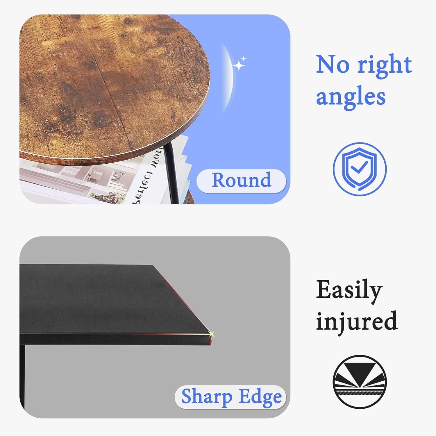 Small Side Table, 3 Tier round End Table Slim Accent Table Industrial Vintage Nightstand, Metal Frame and Rustic Wood Coffee Table for Small Spaces, Bedroom, Living Room (Brown)