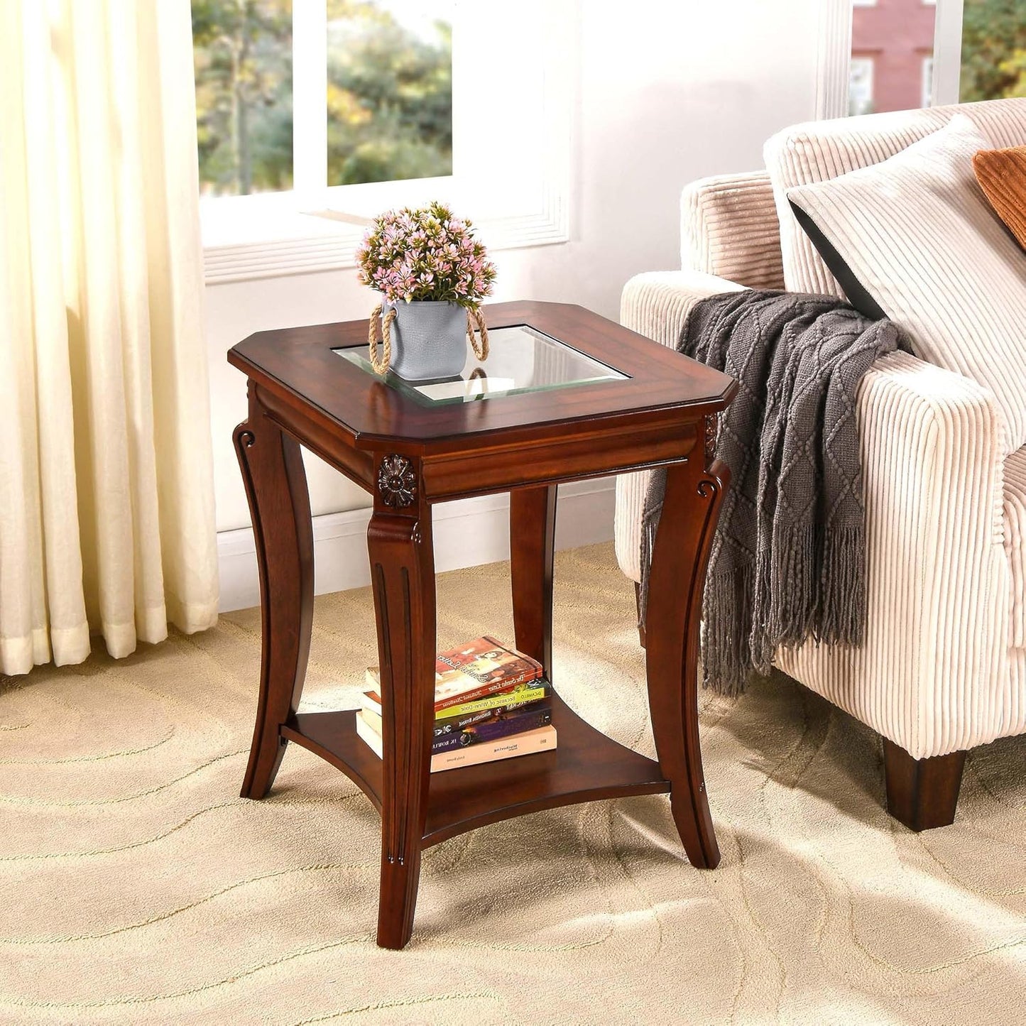Living Room Tables Set of 3- One Coffee Table and Two End Table with Tempered Glass Top, Mid-Century Sofa beside Table and Center Table with Carved Legs, Easy Assembly Cherry Brown KFZ-CJZ-A1168-GT