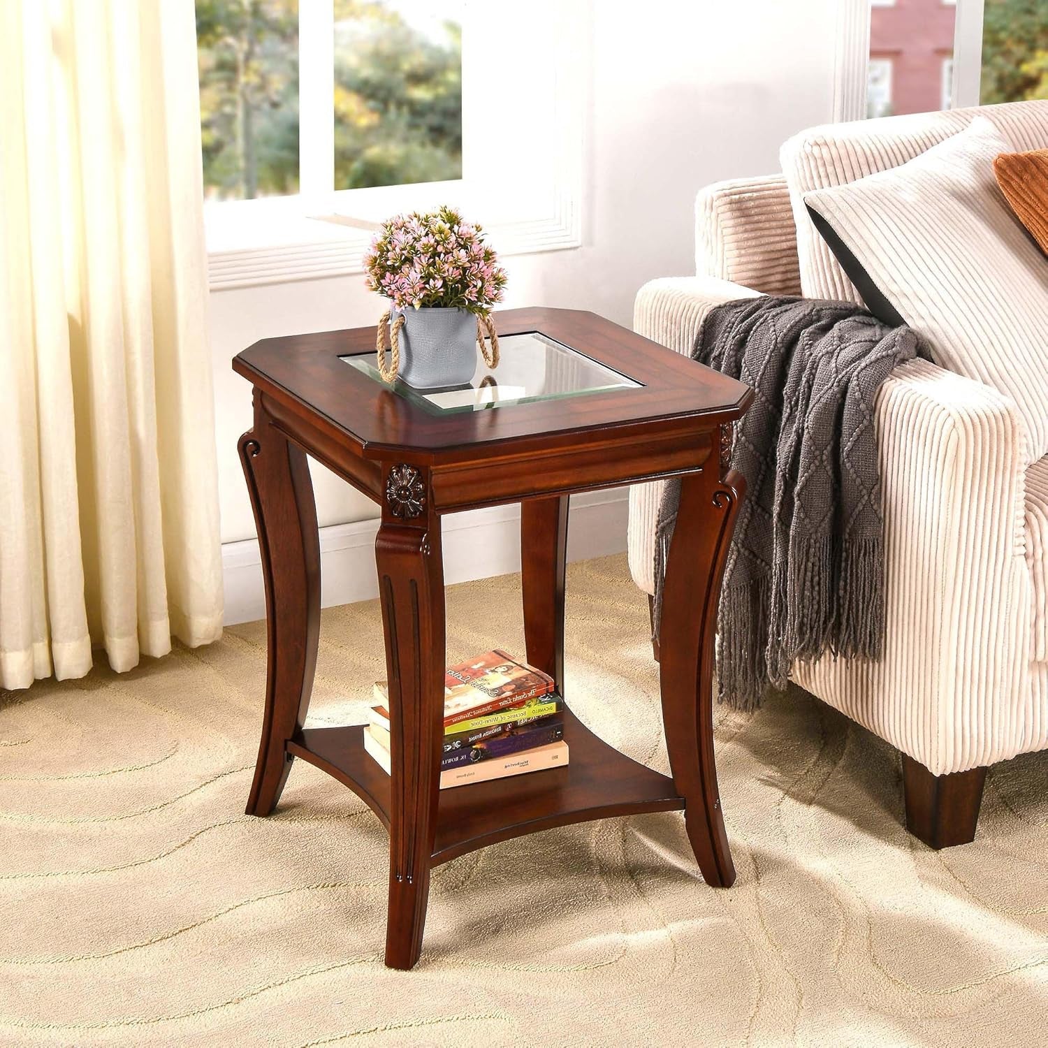 Living Room Tables Set of 3- One Coffee Table and Two End Table with Tempered Glass Top, Mid-Century Sofa beside Table and Center Table with Carved Legs, Easy Assembly Cherry Brown KFZ-CJZ-A1168-GT