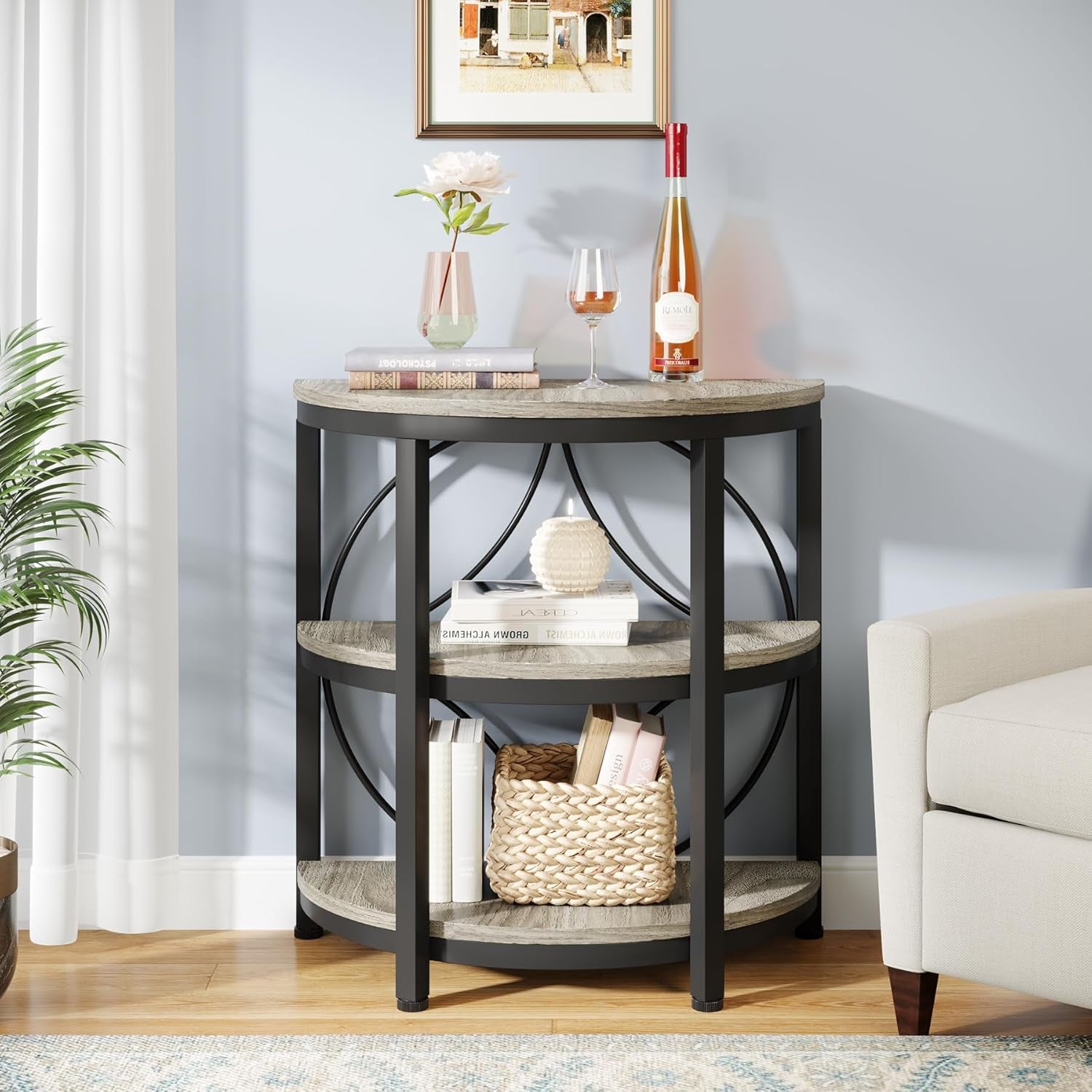Half round End Table for Living Room Set of 2, 3-Tier Half Side Table with Metal Frame, Industrial Half Moon Table with Storage Shelves for Entryway, Bedroom, Grey