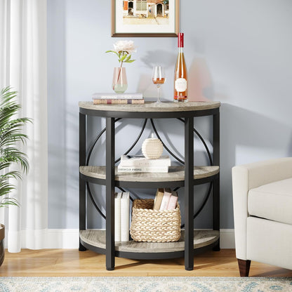 Half round End Table for Living Room Set of 2, 3-Tier Half Side Table with Metal Frame, Industrial Half Moon Table with Storage Shelves for Entryway, Bedroom, Grey