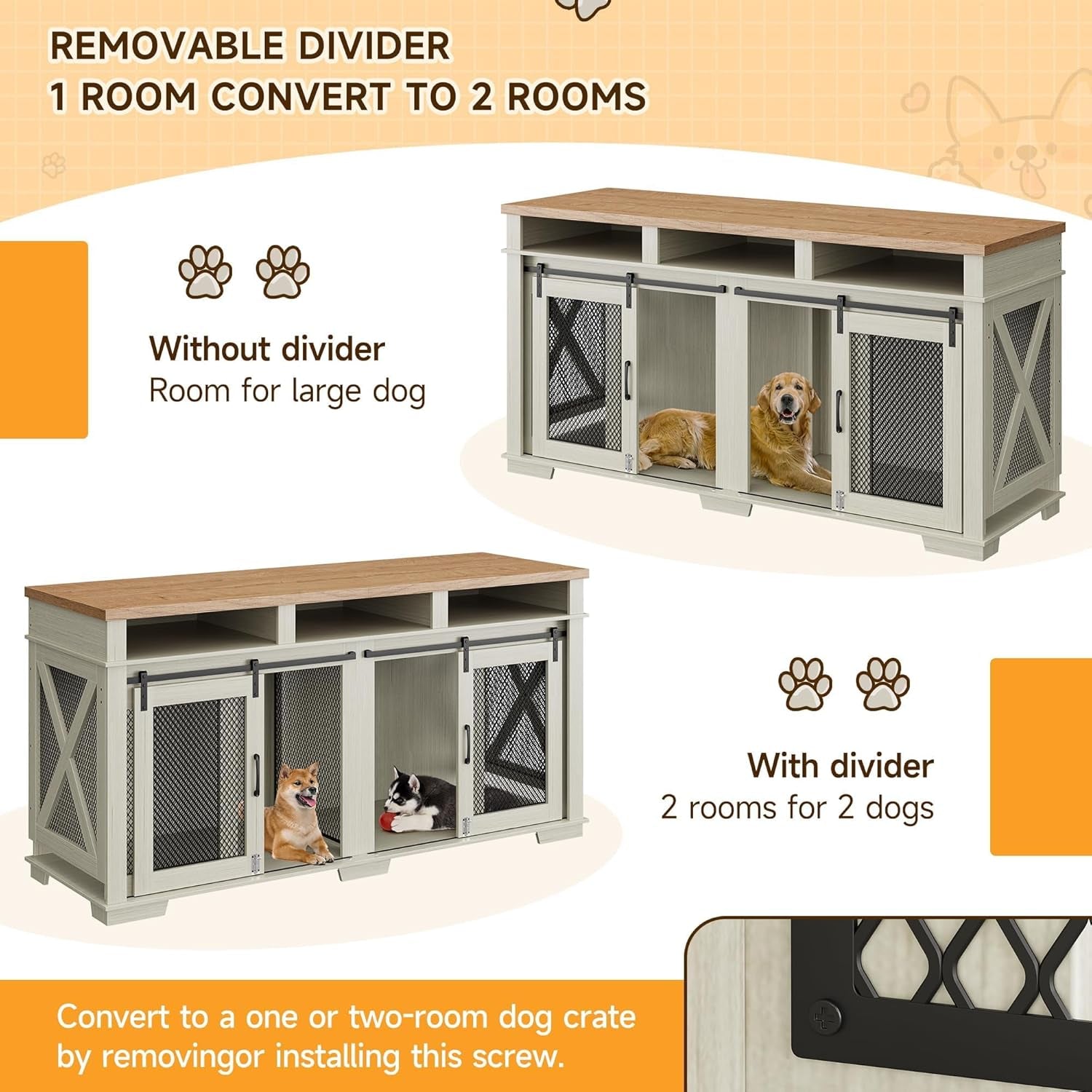 71" Extra Large Dog Crate Furniture, Wooden Double Dog Crates Kennel Cage,Furniture Style Tv Stand Side End Table for 2 Dogs with Removable Divider for Large Dogs,3 Storage,Dark Walnut/Ligh
