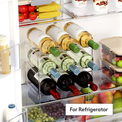 Stackable Water Bottle Storage Organizer, Clear Freestanding Wine Bottle Holder for Cabinet, Tumbler Cup Organizer, Plastic Large Compartment Wine Rack for Fridge Cellar, 3Tier Hold 9