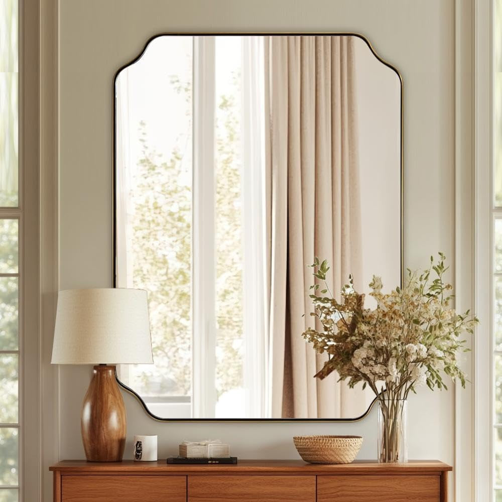 30"X40" Gold Bathroom Mirror, Large Scalloped Wall Mirror, Brushed Brass Mirror in Anti-Rust Stainless Steel Metal, Unique Rectangle Shape Decorative for Bathroom, Living Room, Entryway