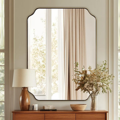30"X40" Gold Bathroom Mirror, Large Scalloped Wall Mirror, Brushed Brass Mirror in Anti-Rust Stainless Steel Metal, Unique Rectangle Shape Decorative for Bathroom, Living Room, Entryway