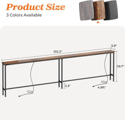 102 Inch Sofa Table with 2 Power Outlets and USB-C Ports, 5.9 Inch Narrow Console Table with Storage, Extra-Long, for Entryway Hallway Couch behind Sofa, Small Spaces, Rustic Brown