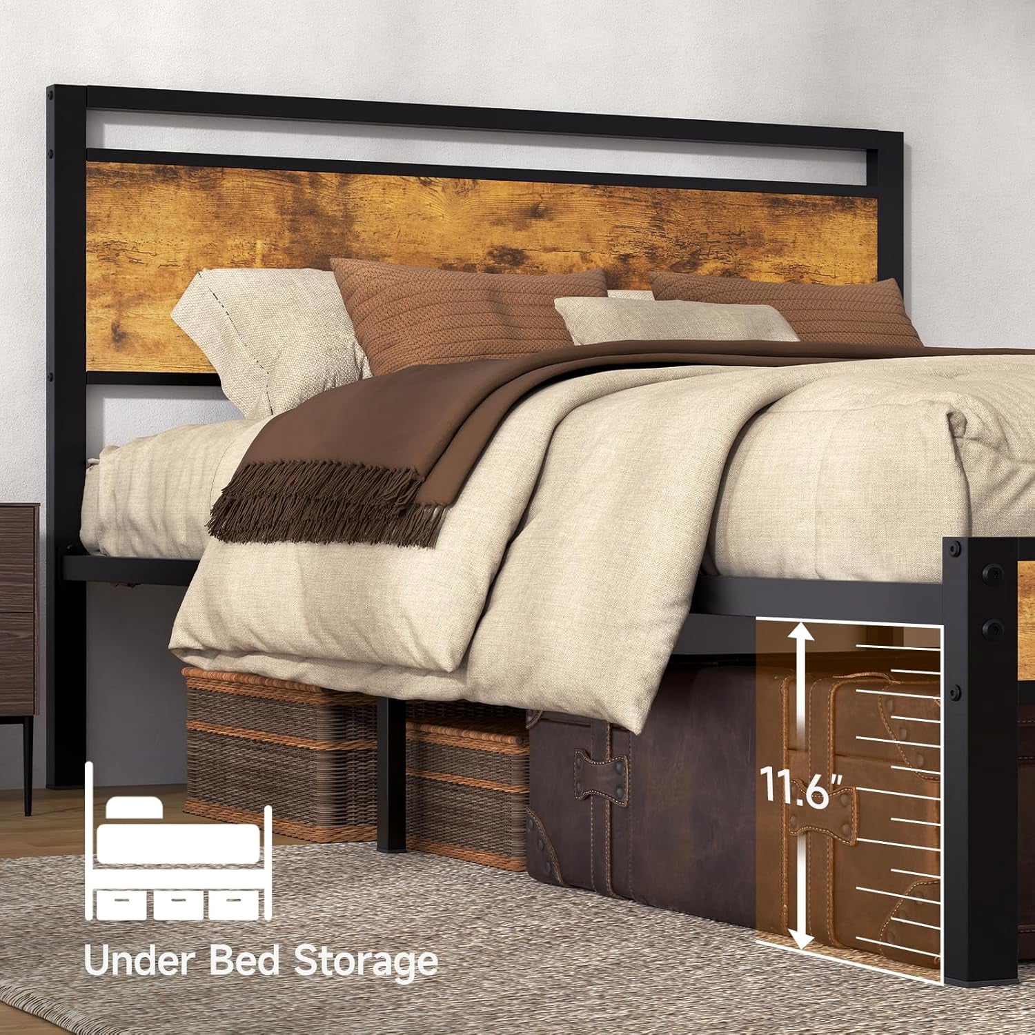 Easy Assembly Sturdy Metal Platform Bed, Queen Size Bed Frame with Headboard & Footboard, Anti-Slip & Silent Support, No Box Spring Needed with Underbed Storage, Modern Bedroom Furniture