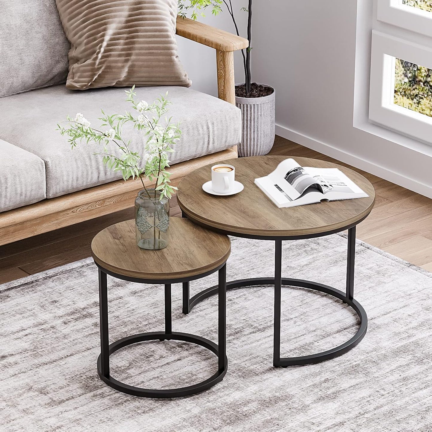 Nesting Coffee Table Set of 2, 23.6" round Coffee Table Wood Grain Top with Adjustable Non-Slip Feet, Industrial End Table Side Tables for Living Room Bedroom Balcony Yard
