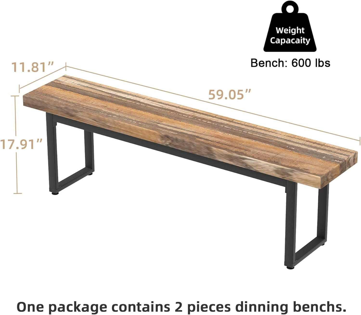 59” Dining Bench Pair of 2 for 6-8 Person, Farmhouse Indoor Kitchen Table Benches, Bed Bench, Industrial Shoe Bench (Brown 2Pcs)
