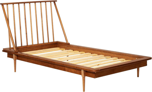 Mid Century Modern Solid Wood Spindle Platform Bed Headboard Footboard Bed Frame Bedroom, Twin, Caramel