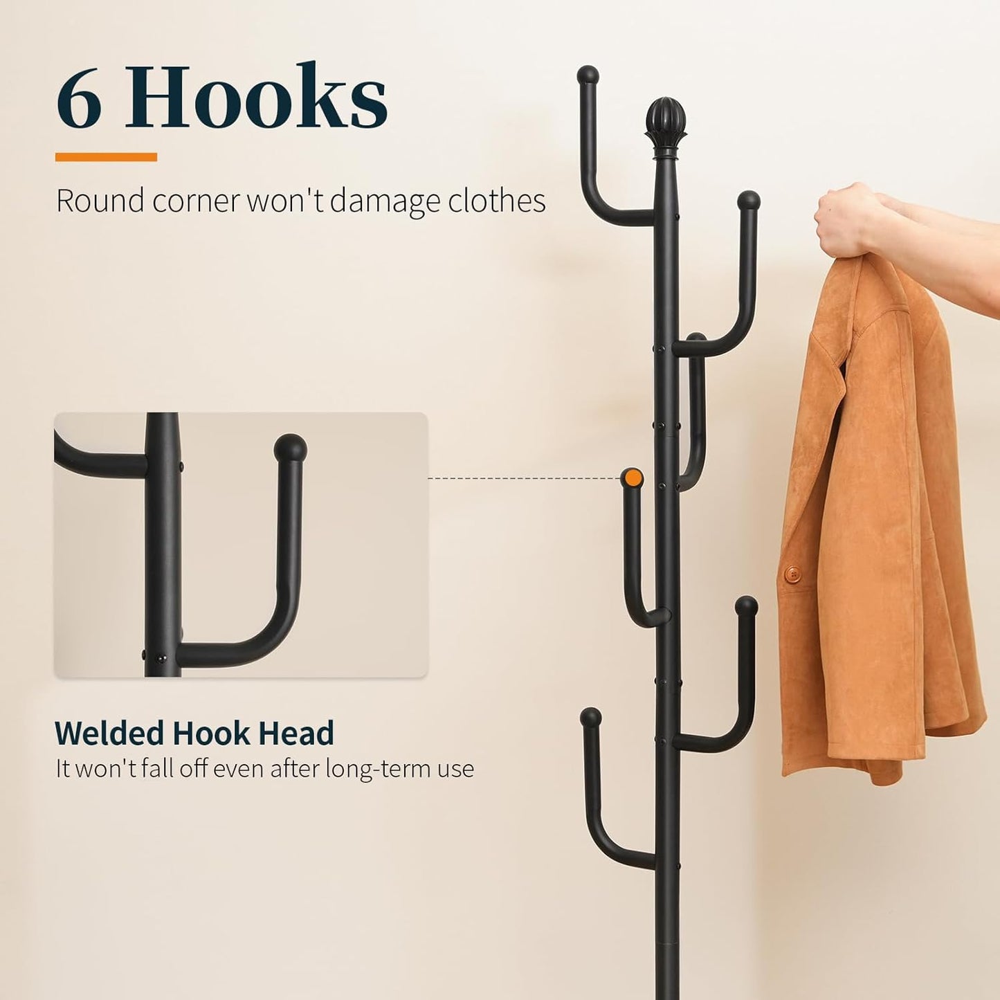 Coat Rack Freestanding with Natural Marble Base - Cactus Coat Tree with 6 L-Shaped Hooks, Heavy Duty Coat Hanger Stand, Metal Coat Rack Stand for Entryway, Hall Tree for Jacket/Hat/Clothes/Bag