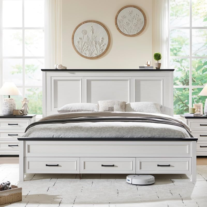 Farmhouse King Size Bed Frame with 52" Tall Headboard, Wood Platform Bedframe with Footboard and Storage Drawers, No Squeak, No Box Spring Needed, Antique White