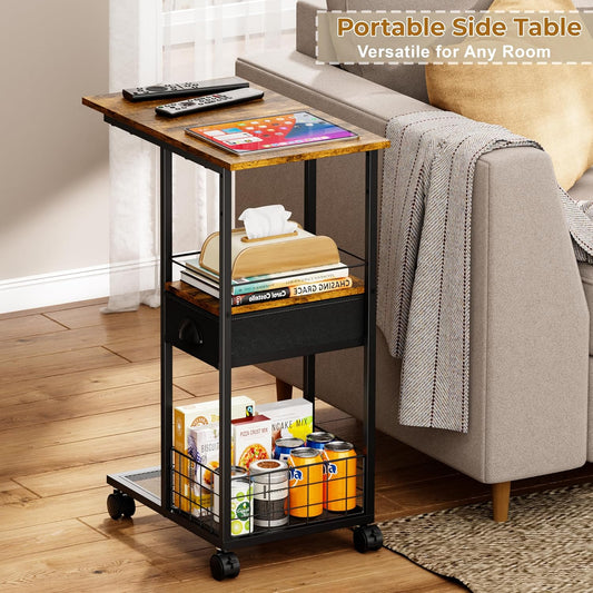 C Shaped Sofa Side Table with Wheels, Rolling Small Coffee Table with Drawer, Portable TV Tray Table for Couch, Bedside Table with Storage, Narrow Nightstand for Bedroom, End Tables Living Room