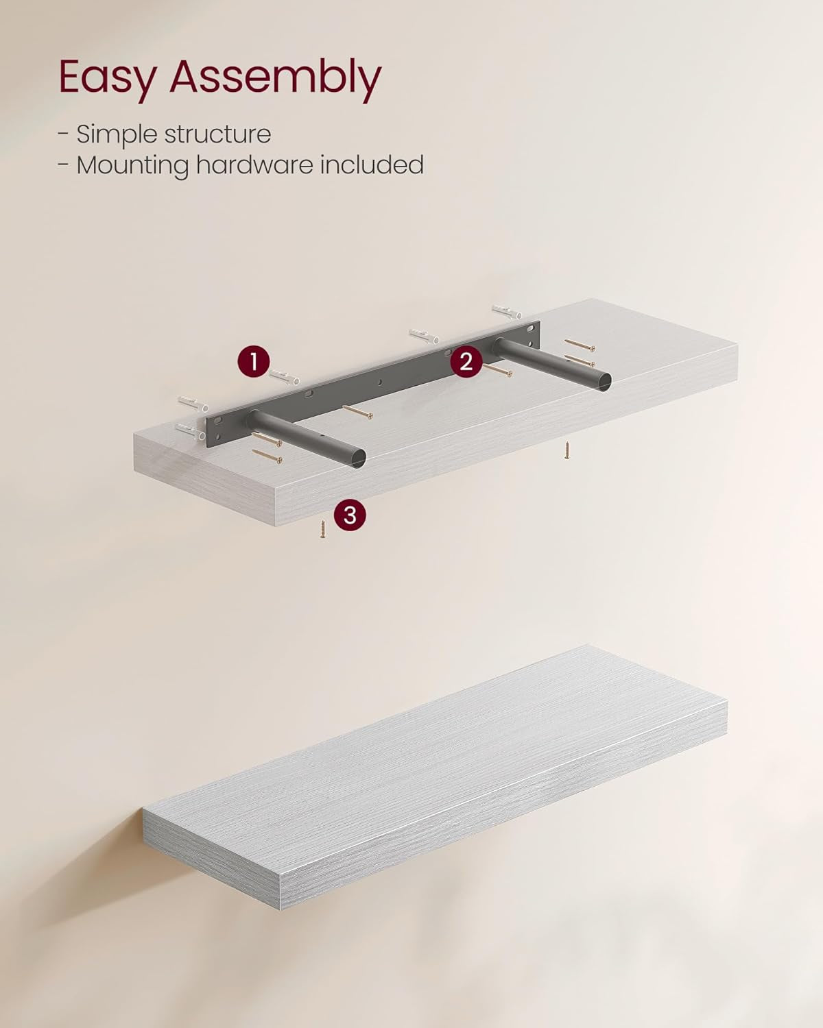 Floating Shelf, Single Wall Shelf for Storage and Display, Wall Mounted, 7.9 X 23.6 X 1.5 Inches, Shelf for Wall Decor, Living Room, Study, Kitchen, Maple White ULWS026W44