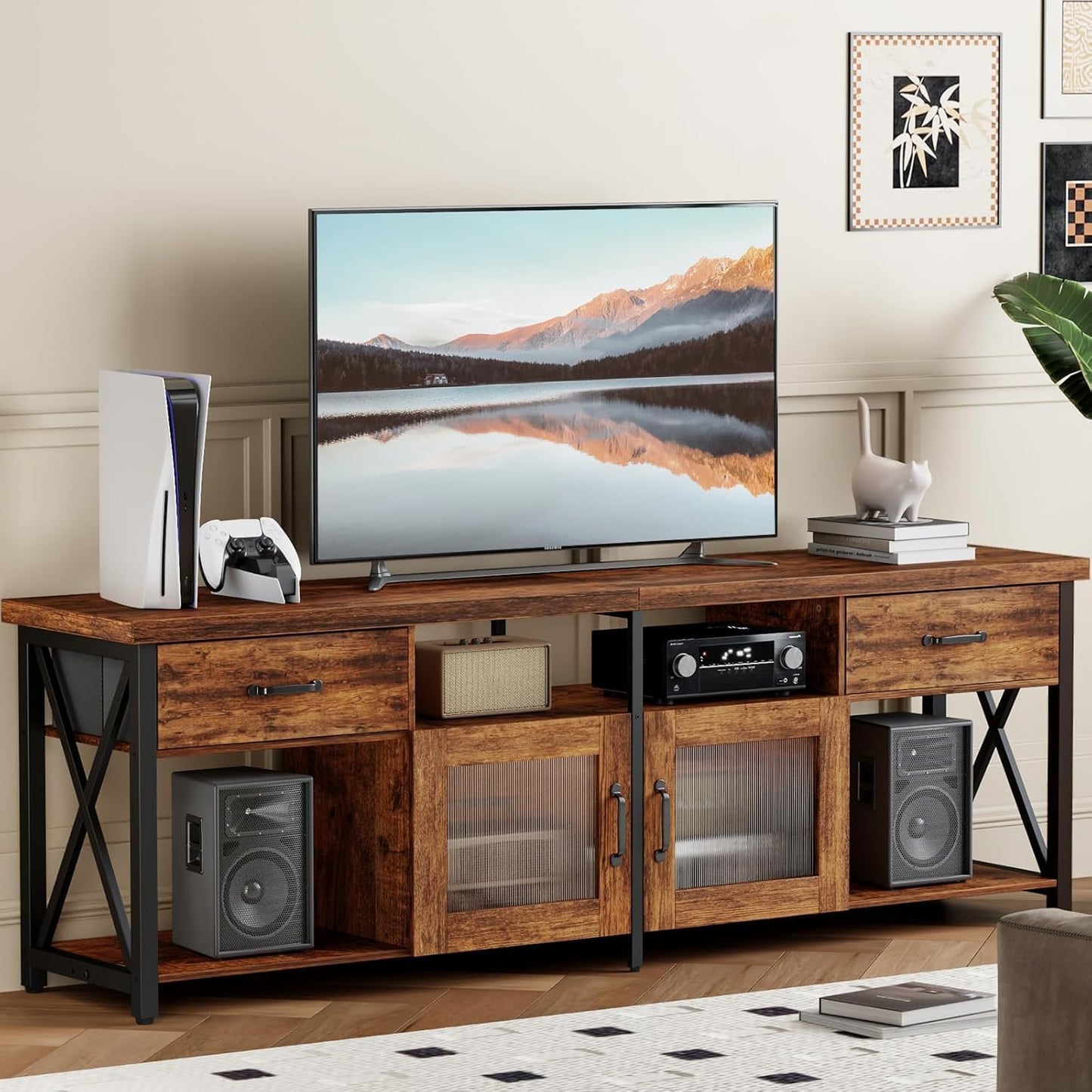 TV Stand for 75 80 Inch TV, Farmhouse Entertainment Center with 2 Drawers & Storage Cabinets, Industrial Media Console Table with Soundbar Shelf for Living Room, Bedroom, Fits Tvs up to 80"