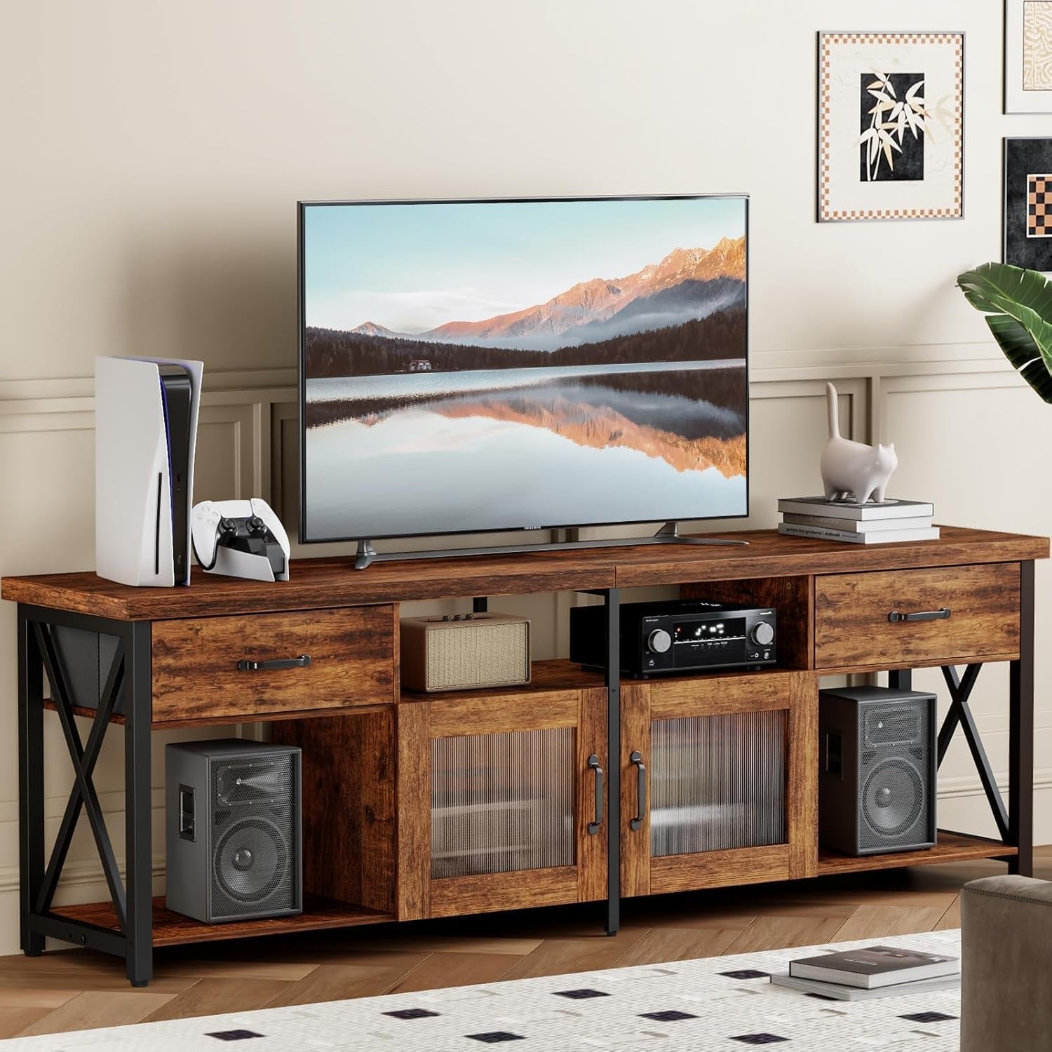 TV Stand for 75 80 Inch TV, Farmhouse Entertainment Center with 2 Drawers & Storage Cabinets, Industrial Media Console Table with Soundbar Shelf for Living Room, Bedroom, Fits Tvs up to 80"