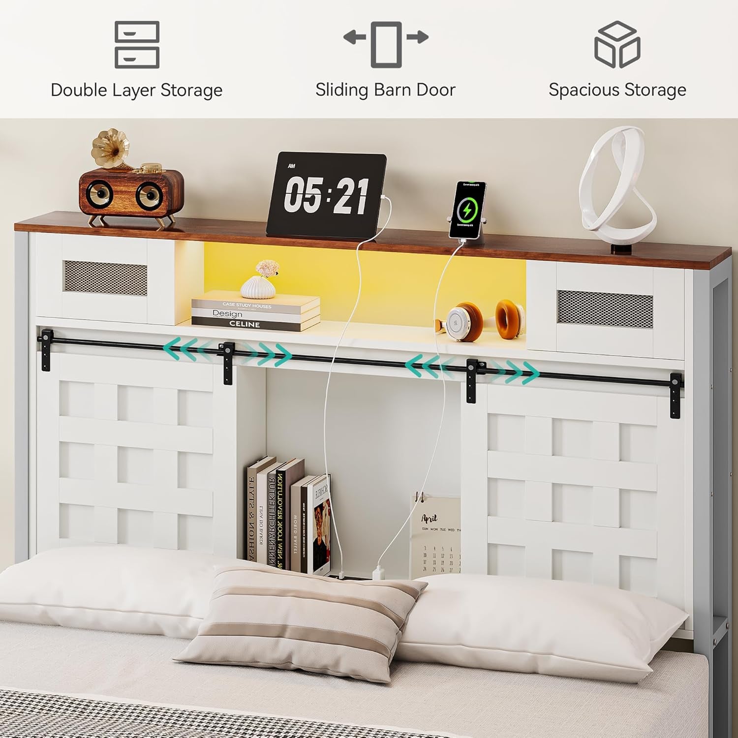 Farmhouse Bed Frame Queen Size, 49.14" Tall Storage Headboard, Led Light & Charging Station, Sliding Barn Door, Wooden Platform Bed Frame, Metal Slats Support, No Box Spring Needed, White