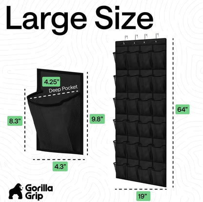 over the Door Shoe Organizer, 24 Large Breathable Mesh Pockets, Space Saving Hanging Storage Holder, Closet Rack Hanger Holds up to 40 Lbs, Hangs on Closets for Shoes, Accessories, Black