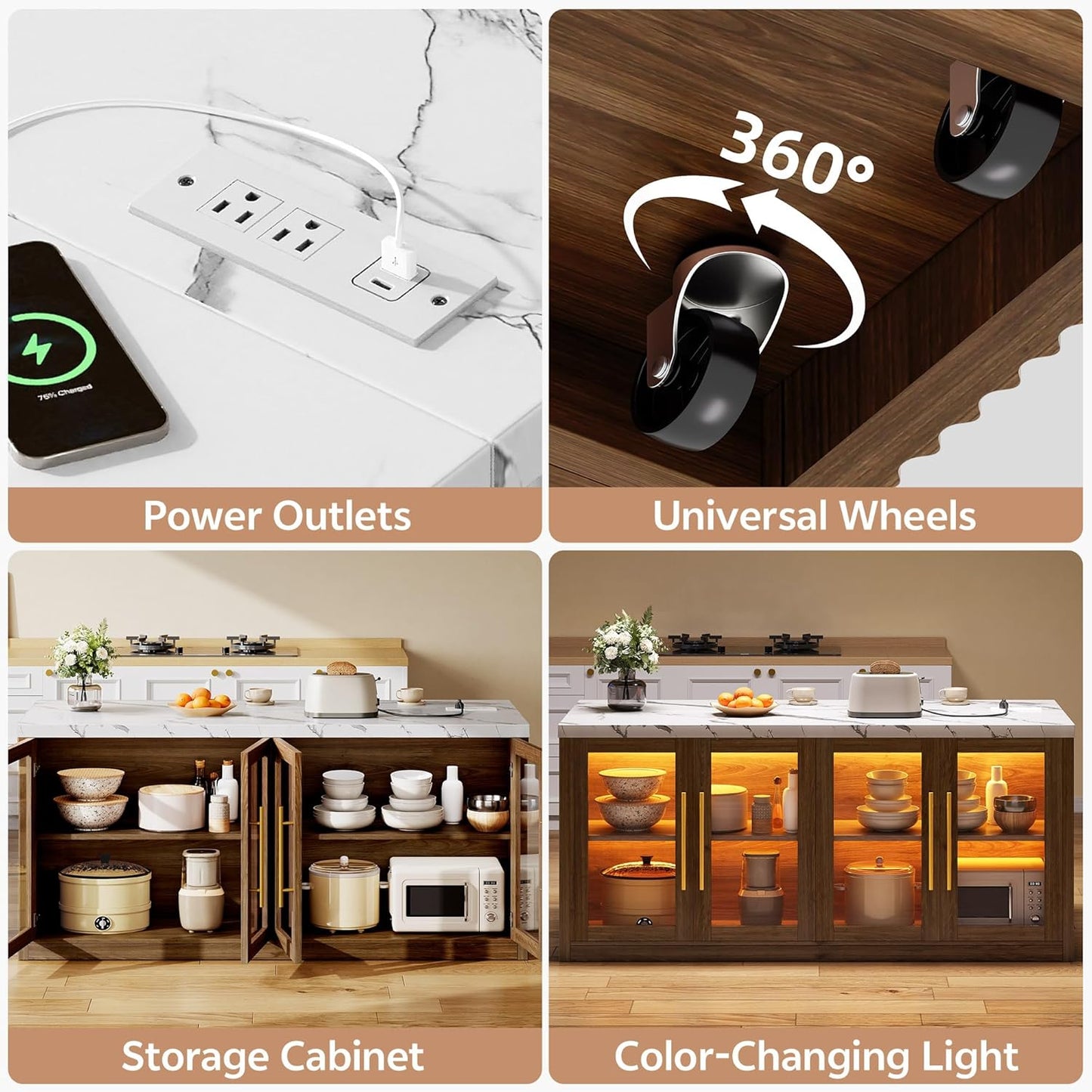 Kitchen Island with Storage, 57" W Large Island Table with Seating/Led Light for Dining Room, Kitchen Carts on Wheels Breakfast Bar Table W/Power Outlet, Walnut