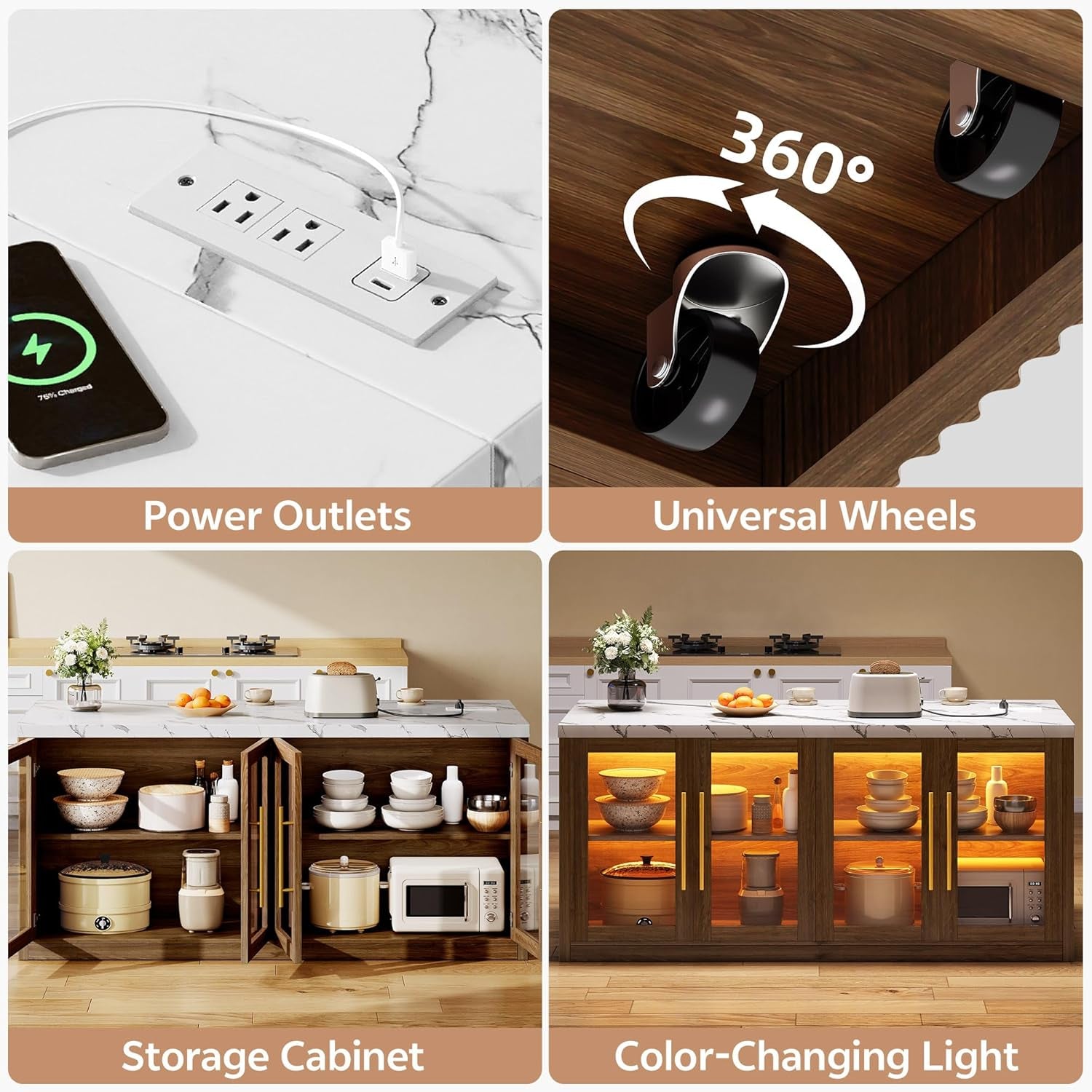 Kitchen Island with Storage, 57" W Large Island Table with Seating/Led Light for Dining Room, Kitchen Carts on Wheels Breakfast Bar Table W/Power Outlet, Walnut