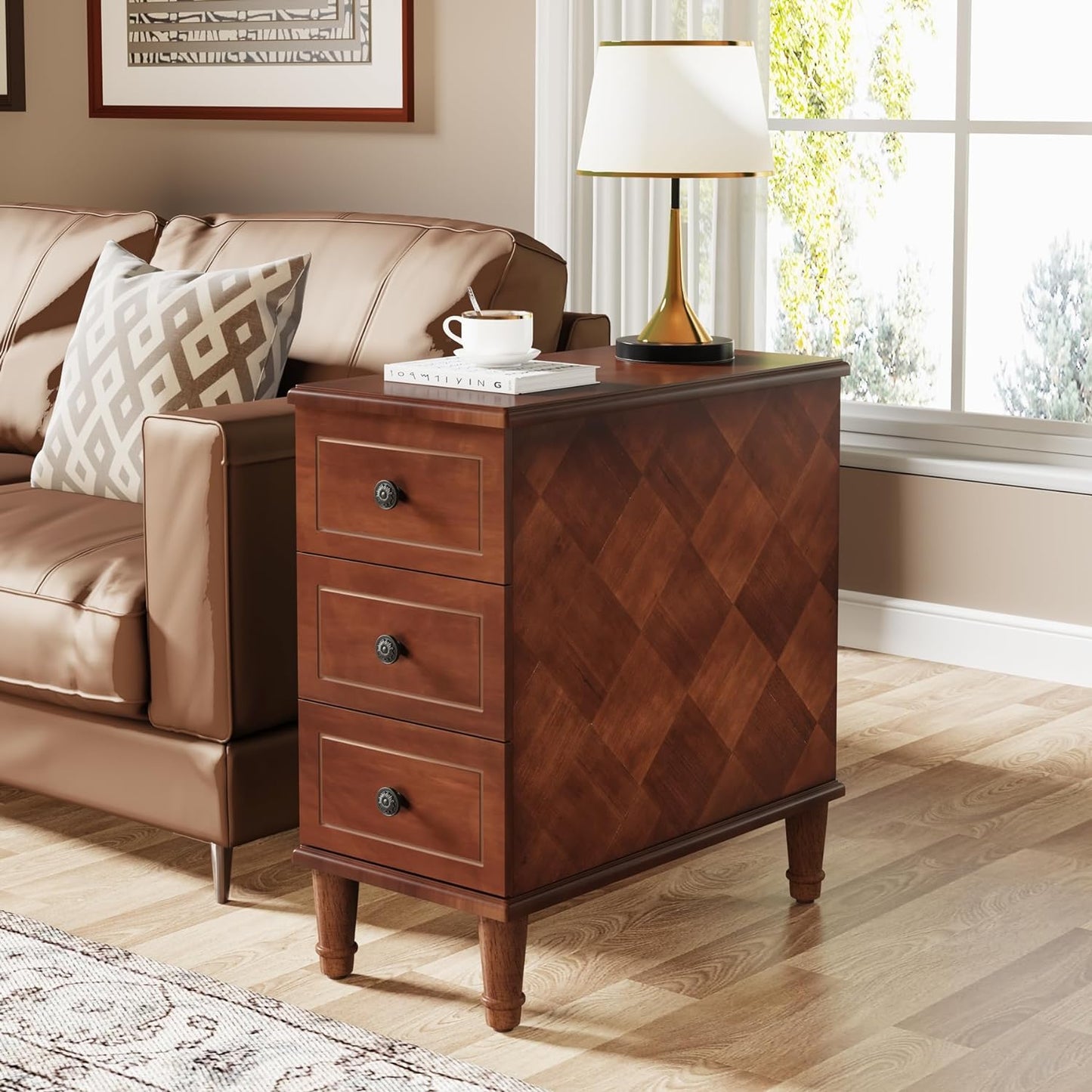 Solid Wood End Table, Fully Assembled Narrow Side Table with Drawers, Pre-Assembled Nightstand Slim Bedside Table for Small Spaces, Living Room, Bedroom, Walnut