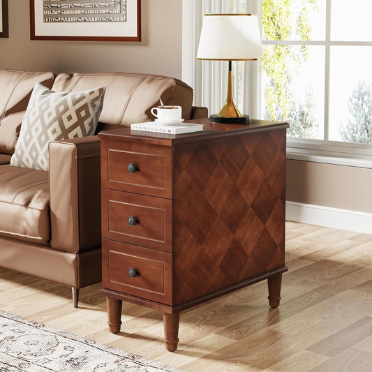 Solid Wood End Table, Fully Assembled Narrow Side Table with Drawers, Pre-Assembled Nightstand Slim Bedside Table for Small Spaces, Living Room, Bedroom, Walnut