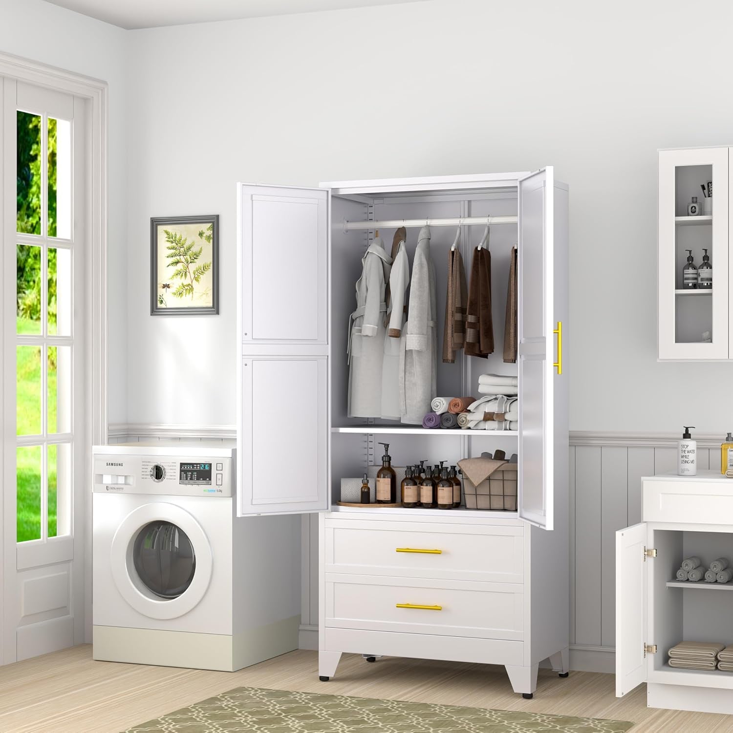 Metal Armoire Wardrobe Closet Storage Cabinet with Hanging Rod,71'' Metal Wardrobe Cabinet with 2 Drawers and Adjustable Shelf,2 Drawers for Bedroom, Laundry Room, Cloak Room