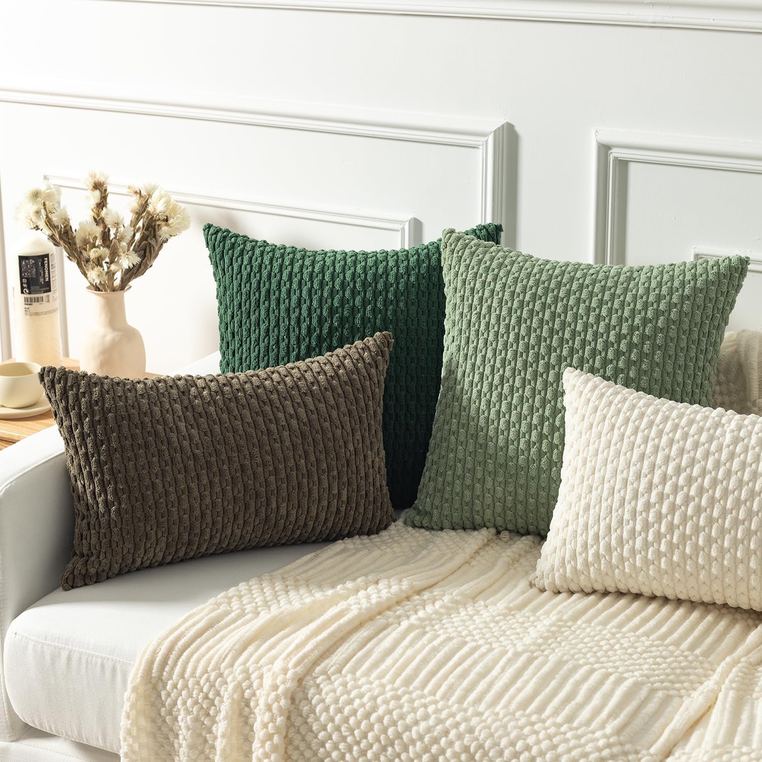 2 Packs Decorative Throw Pillow Covers 18X18 Inch for Living Room Couch Bed Spring Sofa Soft Striped Corduroy Square Cushion Case 45X45 Cm Farmhouse Boho Home Decor Sage Green