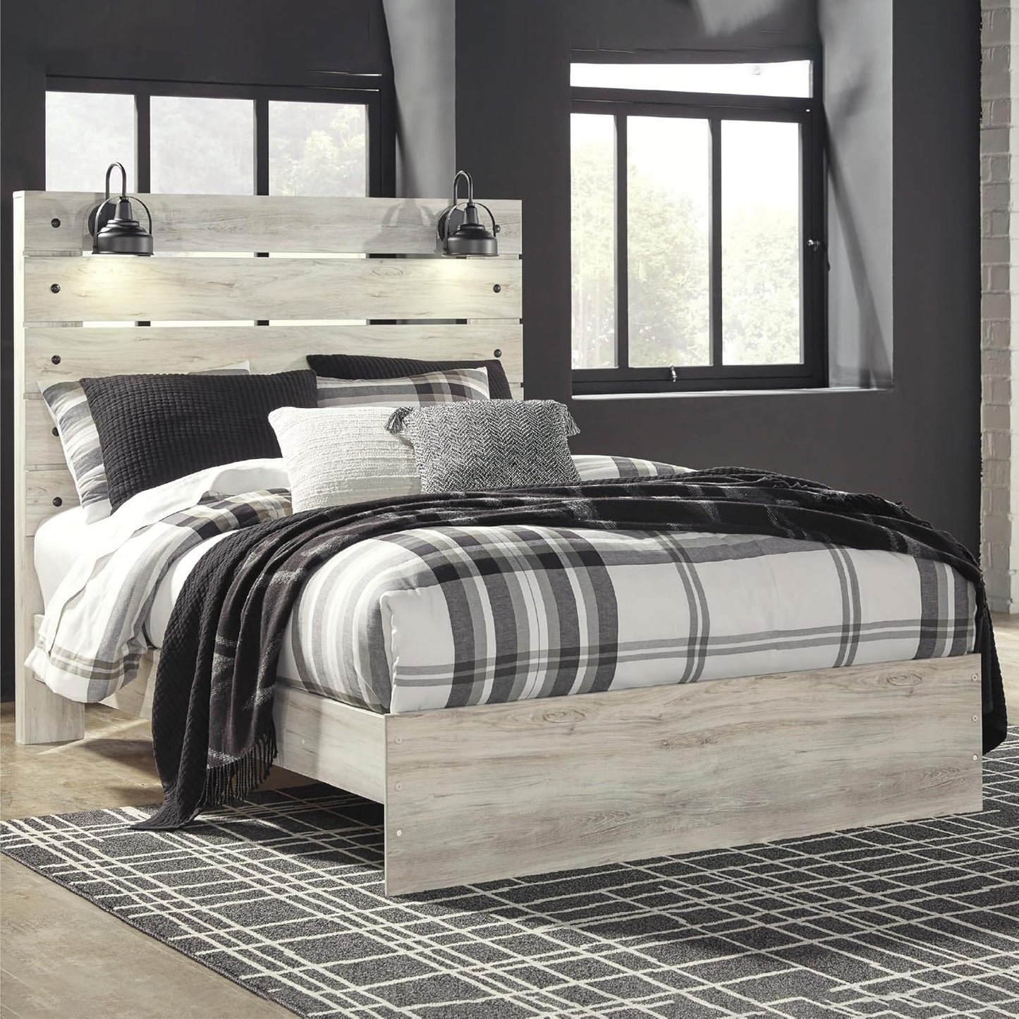 Cambeck Farmhouse Queen Panel Bed with Sconce Lights and USB Ports, Foundation or Box Spring Needed, Whitewash