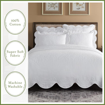 Charleston Estate Modern Farmhouse Floral Matelasse Decorative Pillowcase with Scalloped Edges, 100% Cotton Breathable Bedding, King Sham (20" X 36"), White Floral