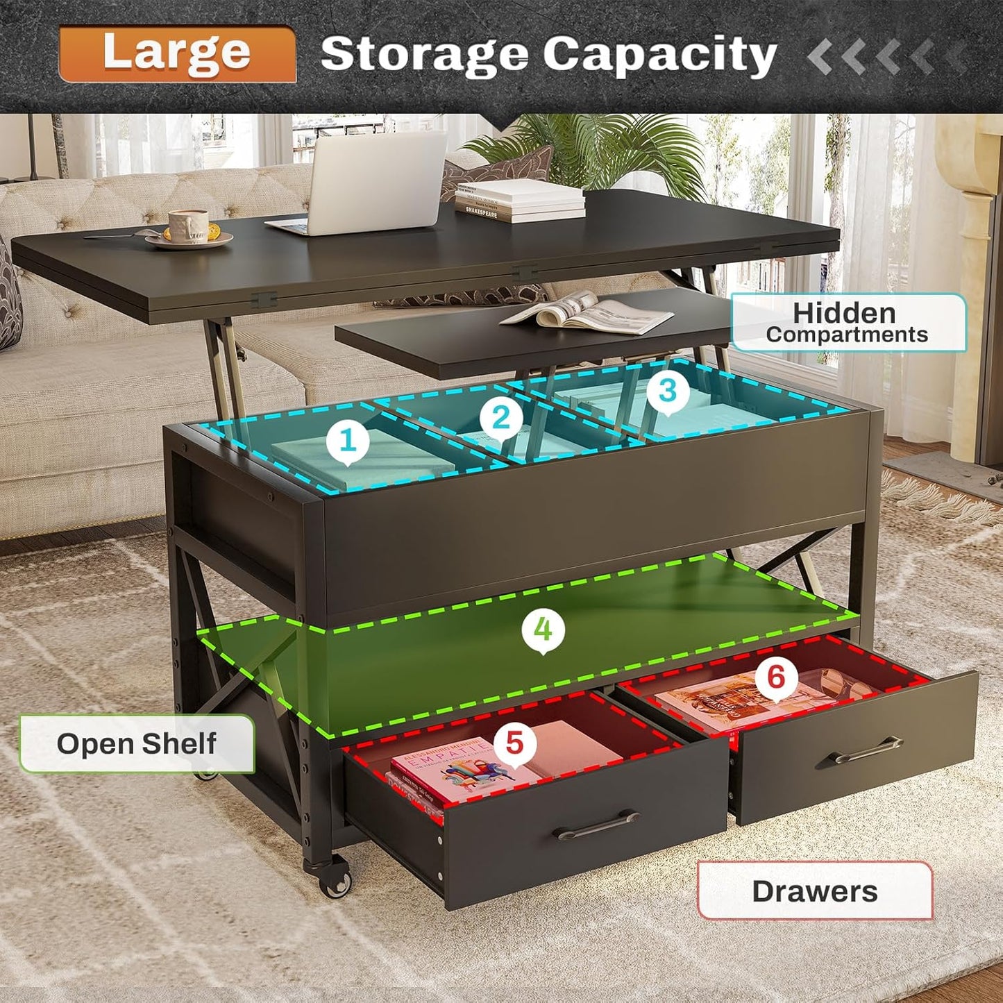 40" Lift Top Coffee Table, 4 in 1 Coffee Tables with Storage for Living Room, Small Farmhouse Coffee Table with 2 Drawers & LED Light for Dining Reception Room, Black