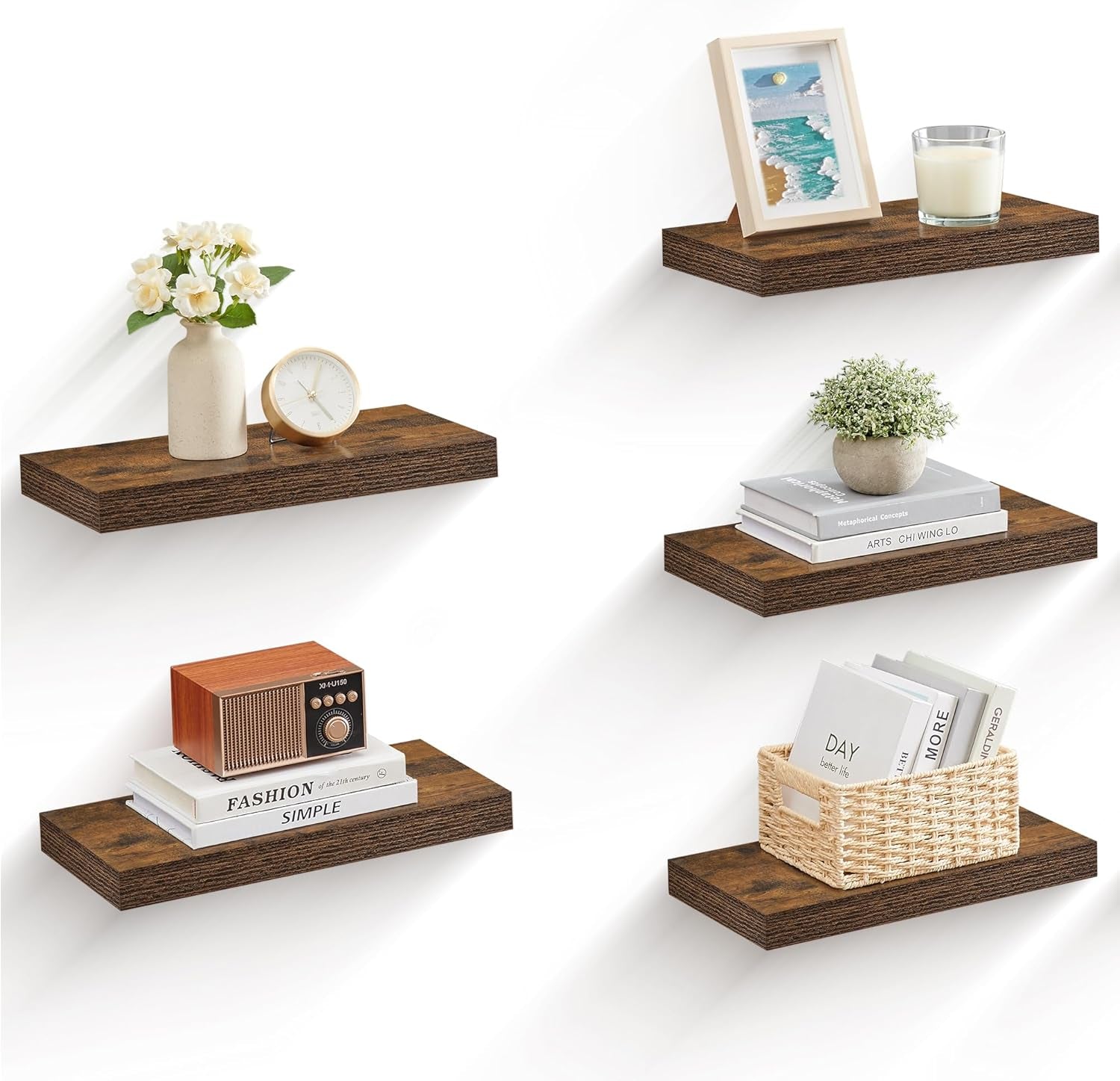 Wall Shelves Set of 5, Floating Shelves, Wall Mounted, 8 X 15.7 X 1.5 Inches, Display Shelves for Picture Frames, Wall Decor, Hanging Shelf for Living Room, Kitchen, Rustic Brown ULWS071B02