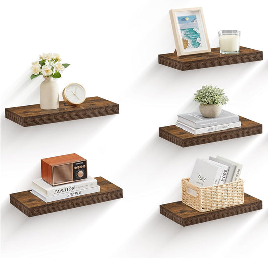 Wall Shelves Set of 5, Floating Shelves, Wall Mounted, 8 X 15.7 X 1.5 Inches, Display Shelves for Picture Frames, Wall Decor, Hanging Shelf for Living Room, Kitchen, Rustic Brown ULWS071B02