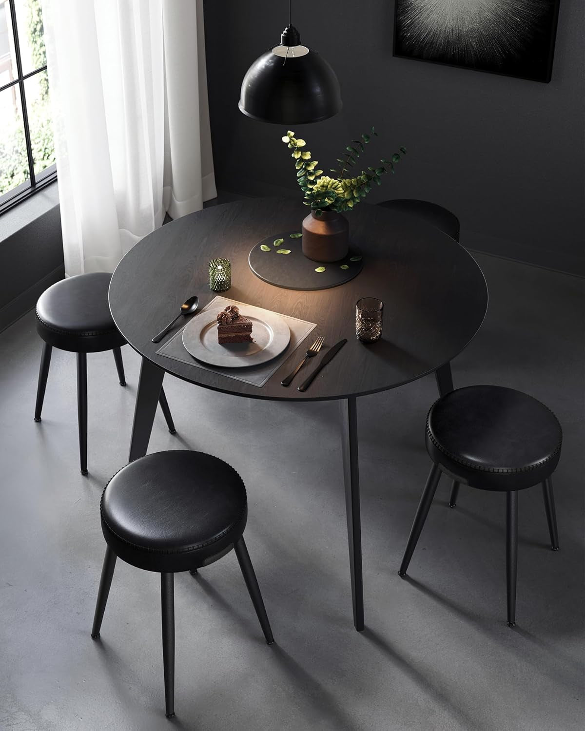 EKHO Collection - Dining Chairs Stools Set of 2, Upholstered Kitchen Chairs, Vanity Stools, Synthetic Leather with Stitching, Mid-Century Modern, 19-Inch Tall, Easy Assembly, Ink Black
