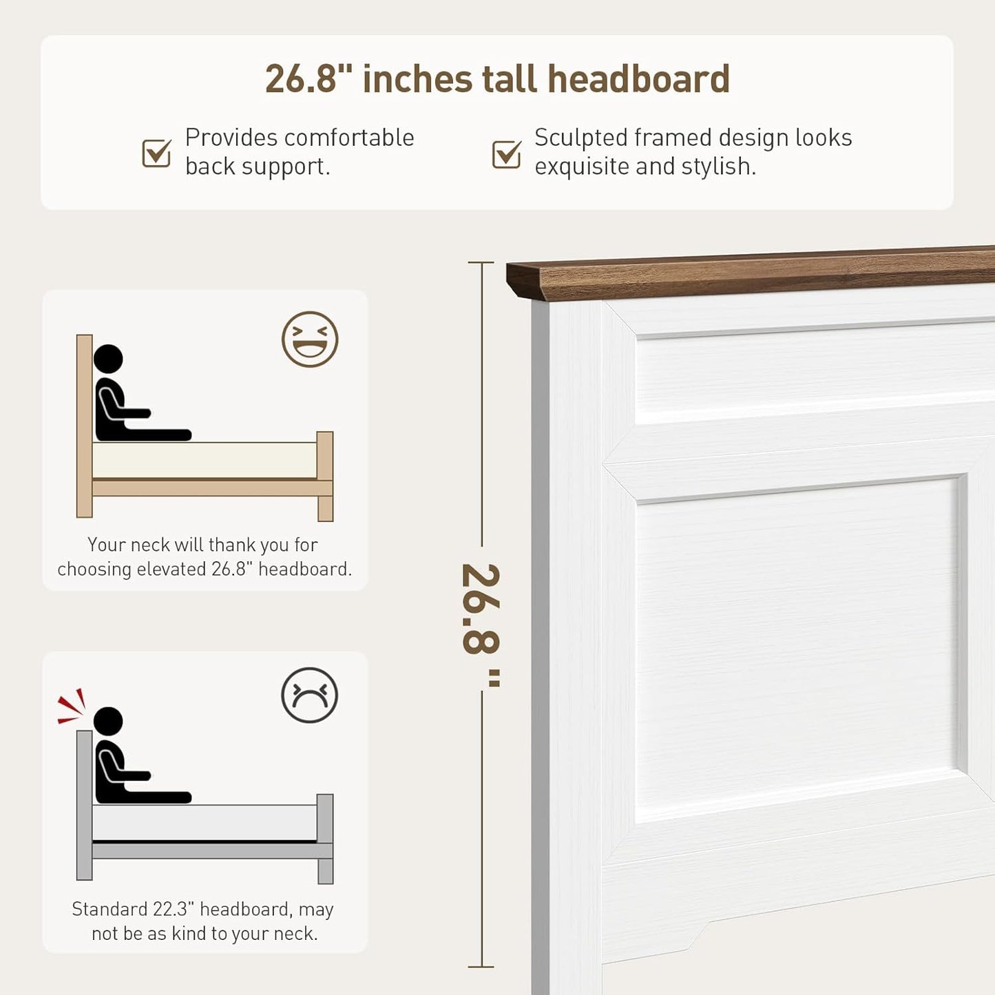 Farmhouse Full Size Bed Frame with 51.2" Tall Headboard & Footboard, Wooden Platform Bed Frame with Large Storage Drawers, No Squeak, No Box Spring Needed, White and Walnut