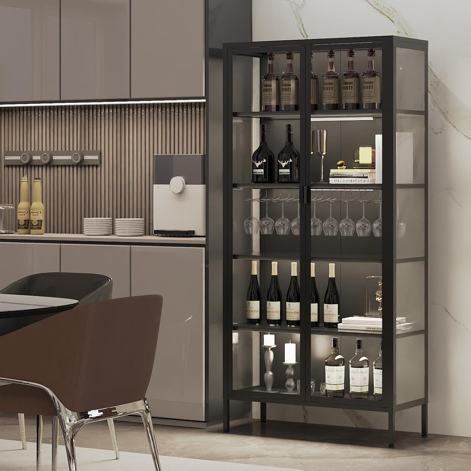 71" H Display Cabinet with Glass Doors,Display Case with LED Sensor Lights,Glass Display Cabinet with Adjustable Shelves and Feet,Display Cabinets for Living Room/Bedroom/Kitchen