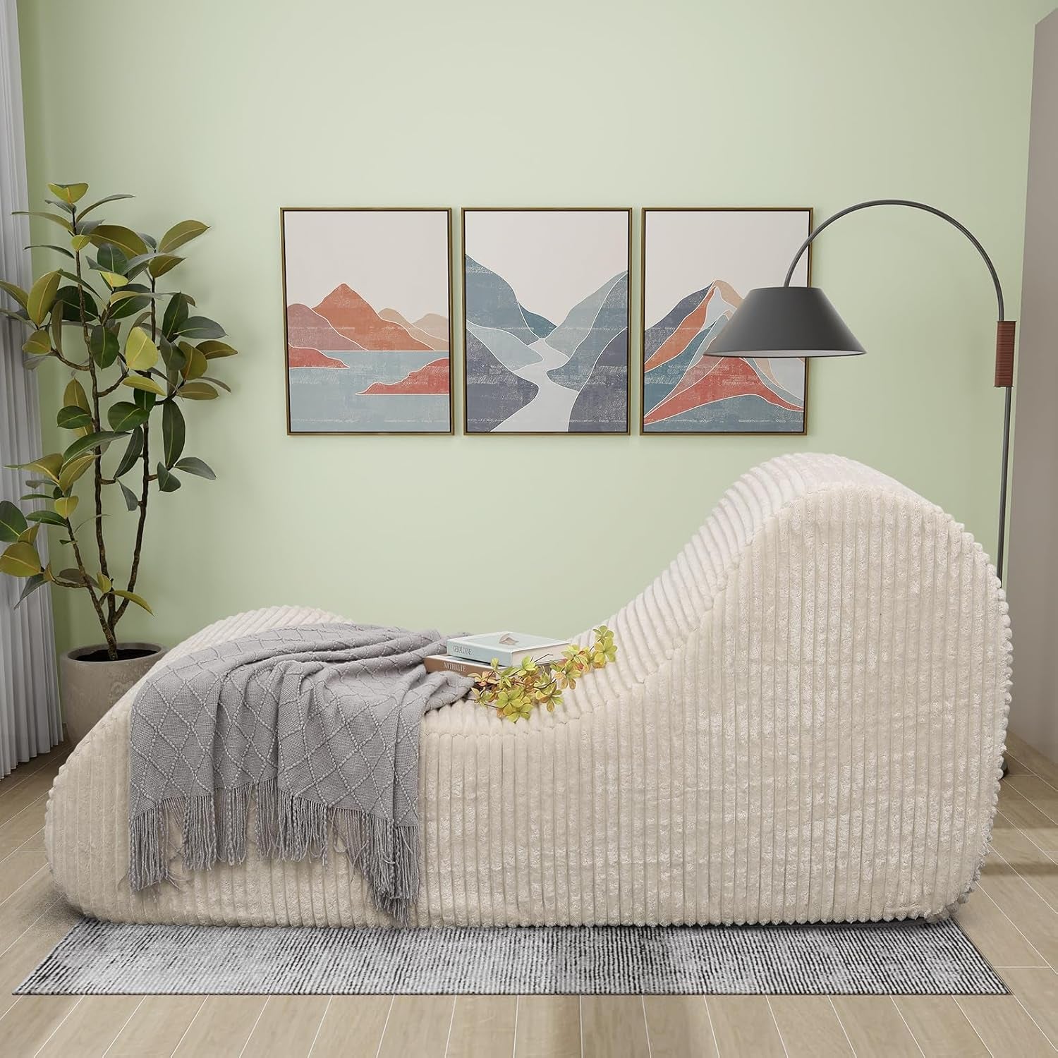 Corduroy Chaise Lounge Chair Couch Indoor Boneless Oversized High-Density Sponge Soft Sofa for Yoga, Khaki