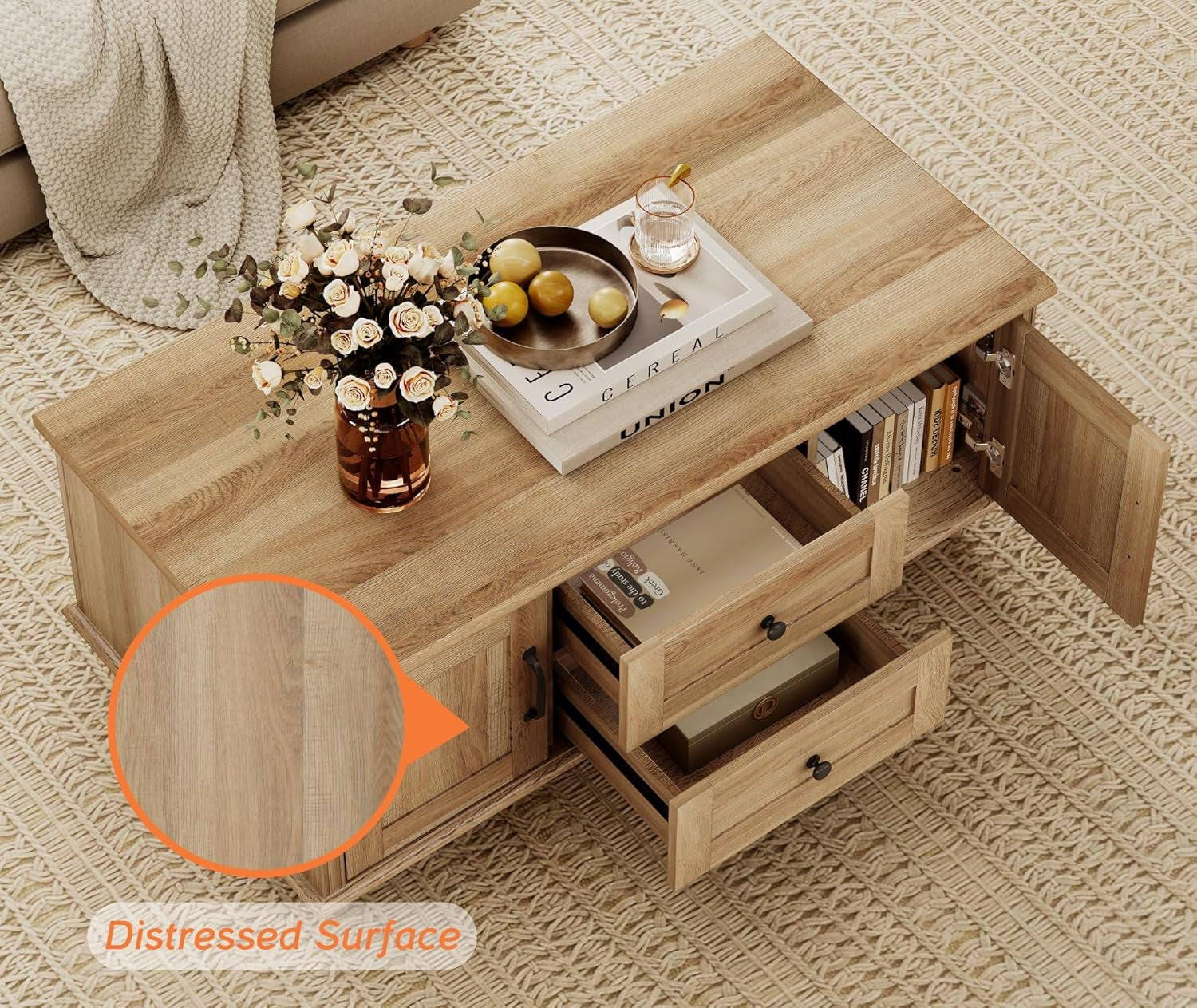 Farmhouse Coffee Table with Storage Cabinet, Wooden Coffee Tables for Living Room, Rustic Tea Table Rectangle Center Table with Drawers for Home, Oak
