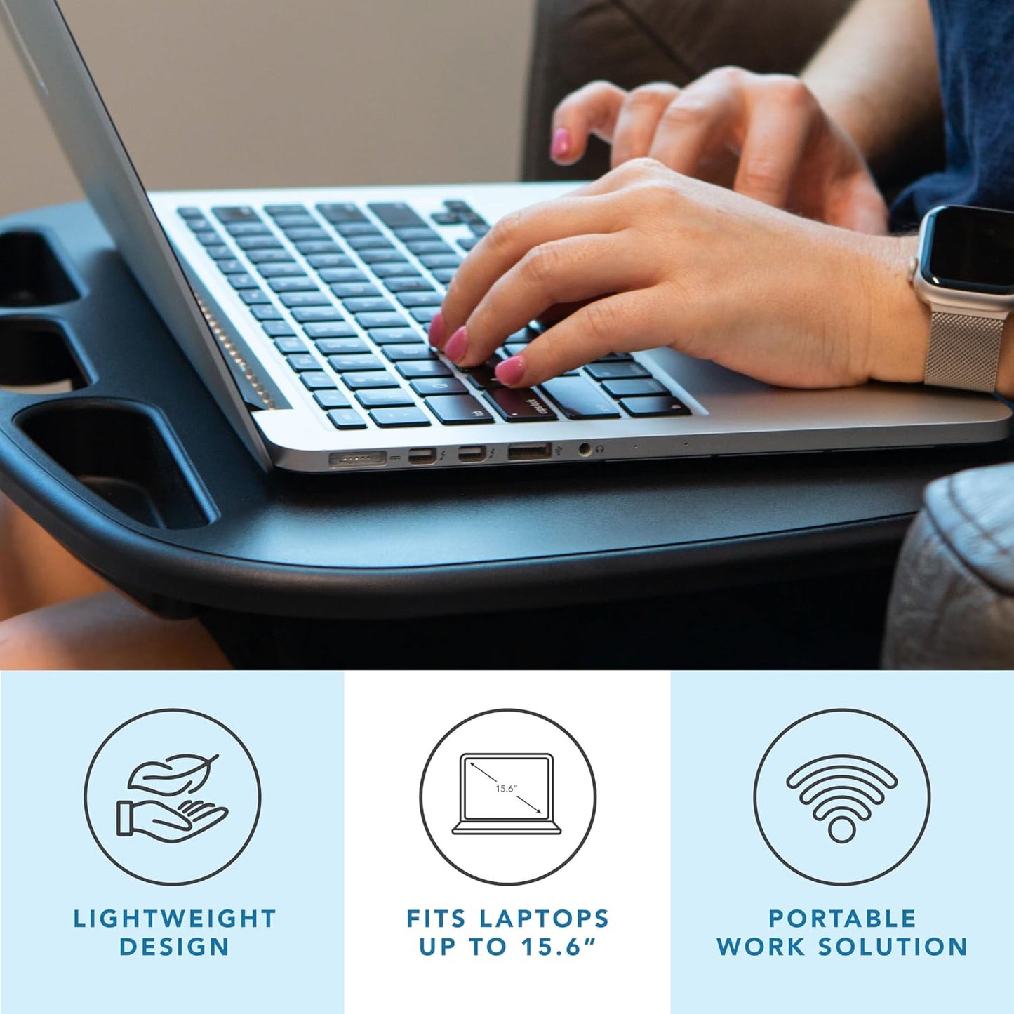 Mydesk Lap Desk with Device Ledge and Phone Holder - Black - Fits up to 15.6 Inch Laptops - Style No. 44448
