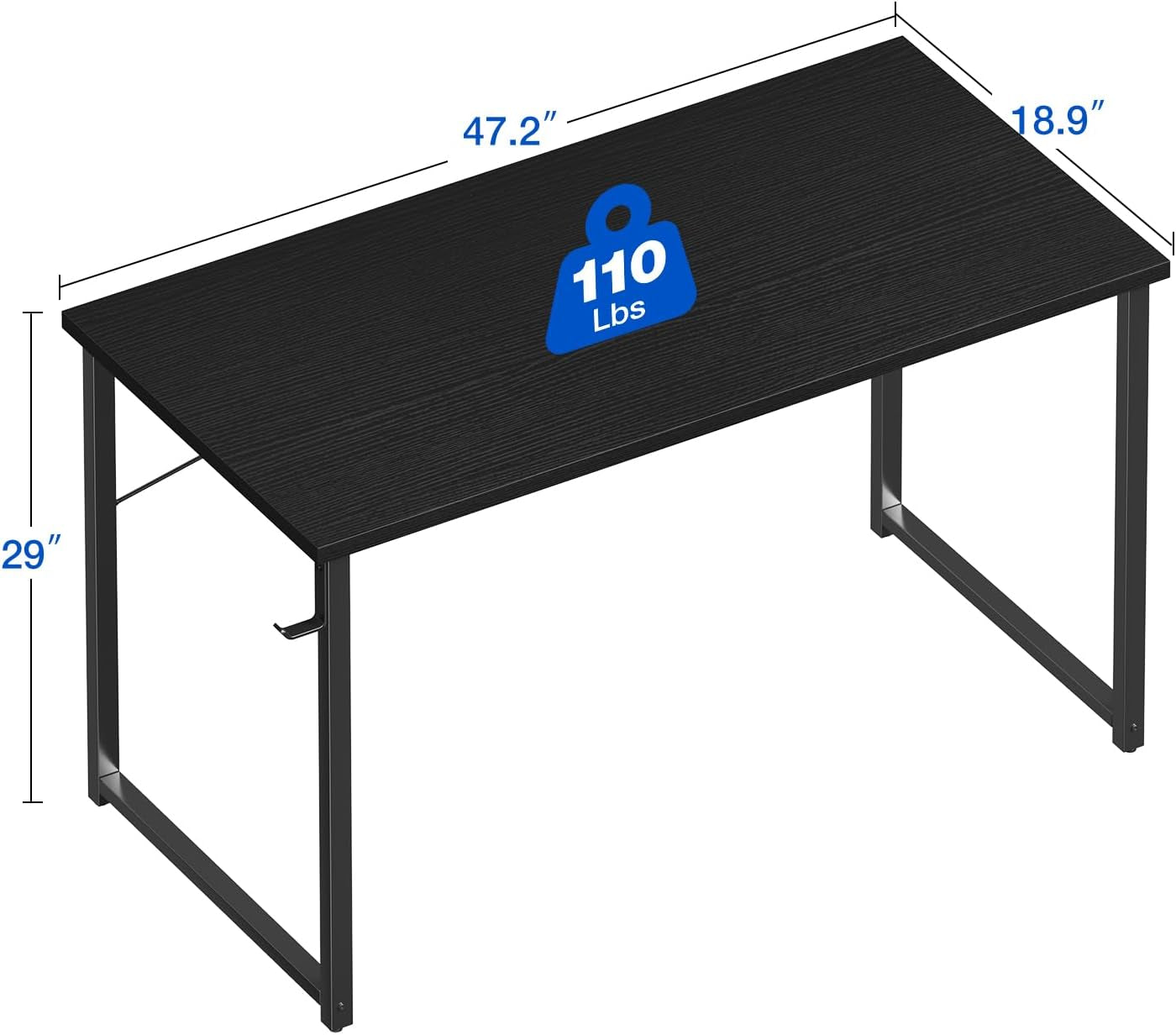 48 Inches Computer Desk for Small Spaces, Study Table for Home Office, Writing Desk with Headphone Hooks, Black