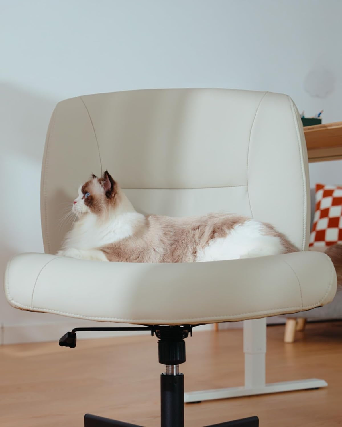 Criss Cross Chair with Wheels, Wide Mid-Back Comfy Armless Office Chair, Scratch-Resistant PVC Leather Cross Legged Desk Chair, Height Adjustable Vanity Computer Desk for Home Office
