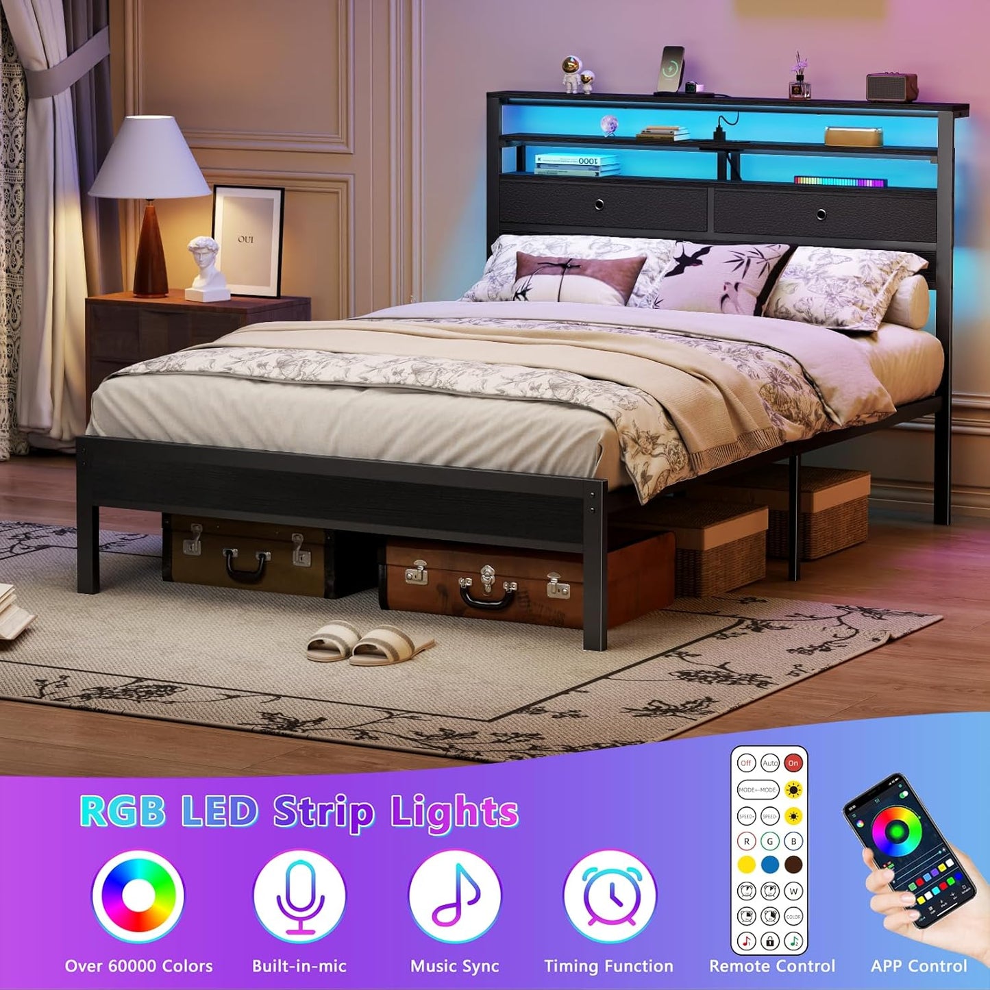 Full Size Bed Frame with Headboard & 2 Fabric Drawers, Full Platform Bed Featuring LED Lights, Built-In Charging Station & Storage Shelves, Metal Slats, No Box Spring Needed – Black Oak