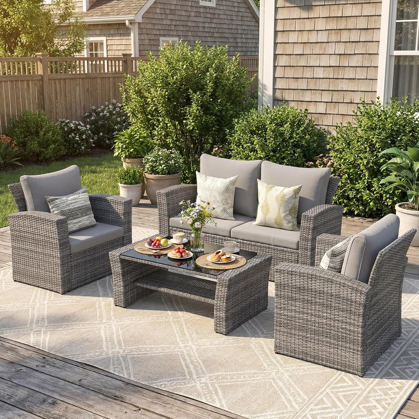 Patio Furniture Set, Wicker outside Outdoor Furniture for All Weather, Patio Sofa with High Backrest Support and Wide Armrest for Backyard, Balcony, Deck, Porch, Light Gray