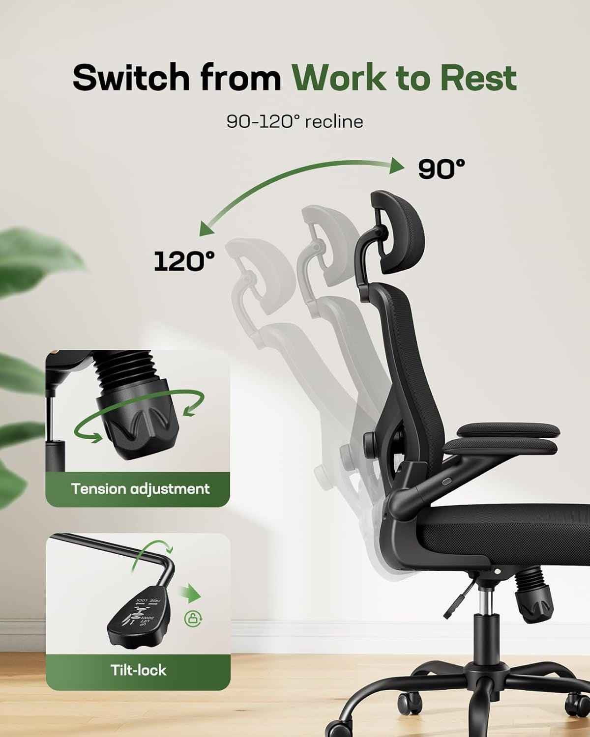 Ergonomic Mesh Office Chair High Back Desk Chair Adjustable Lumbar Support with Headrest Flip-Up Liftable Arms Swivel Computer Task Chair for Big and Tall People